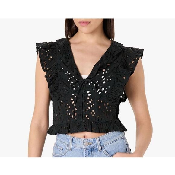 The Drop Tops - The Drop Womens Margo Tie Front Ruffle Detail Sleeveless Blouse - M